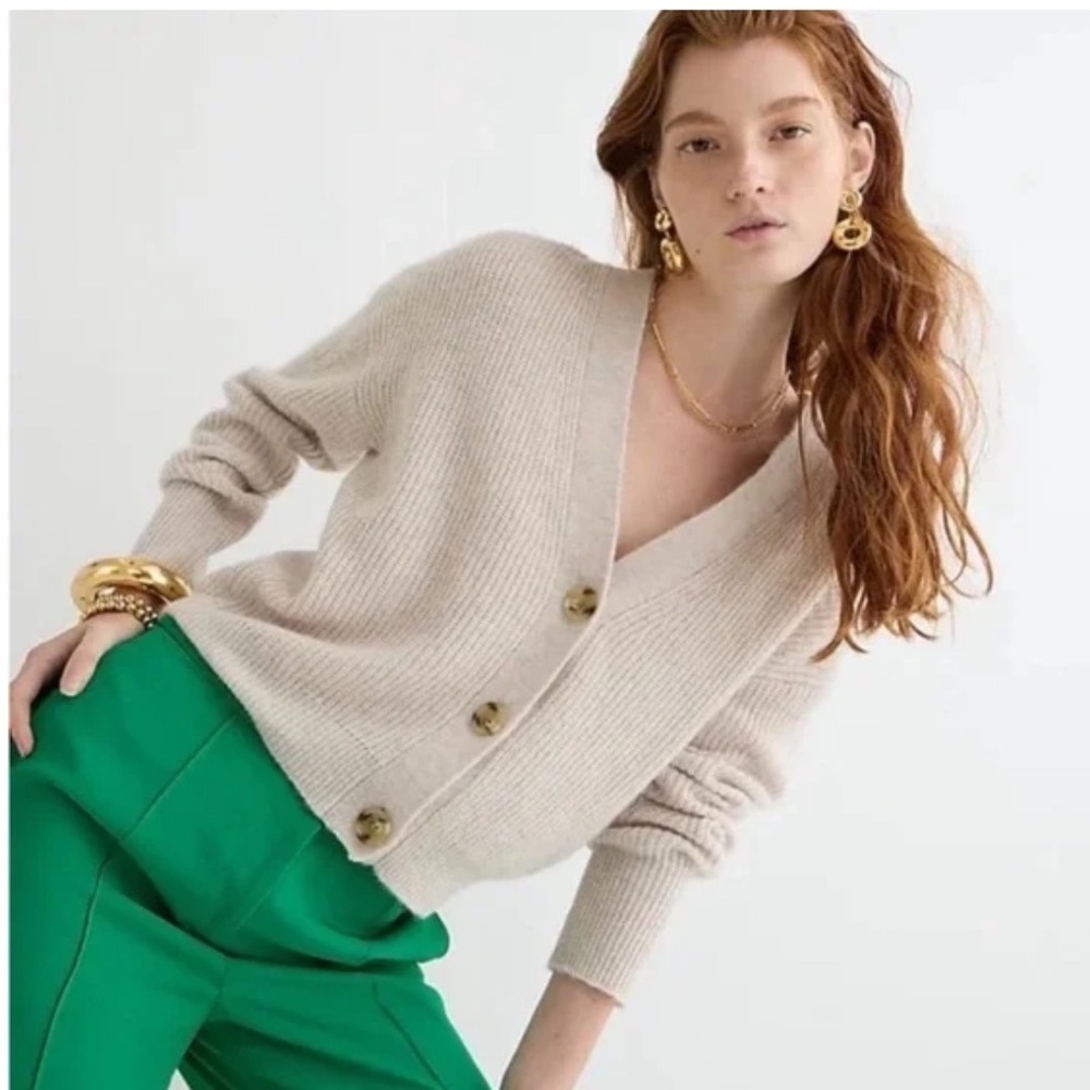 J.Crew Alpaca Wool Blend Cropped Cardigan Sweater Heather Oatmeal XL - Picture 1 of 6